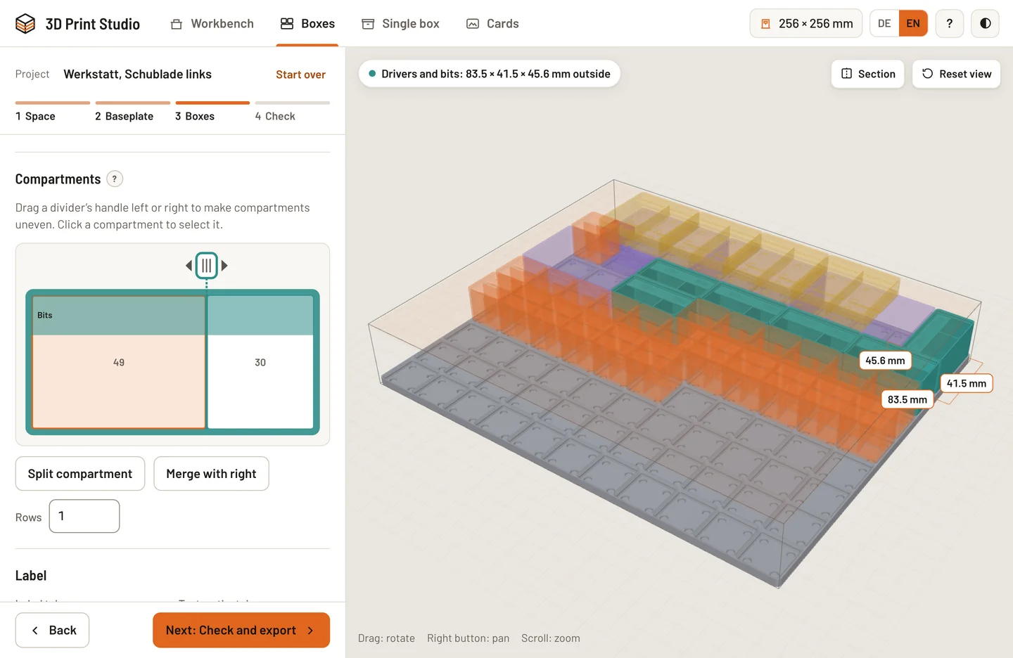 Box editor with movable compartments and a 3D view on the baseplate