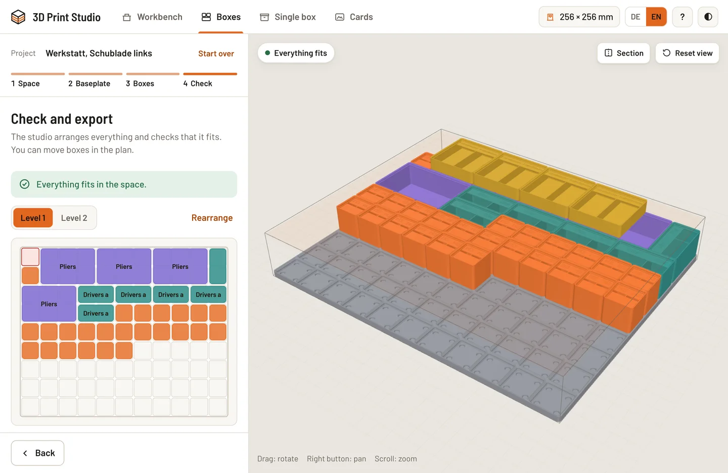 Check step with layout, height bar, print planning and export