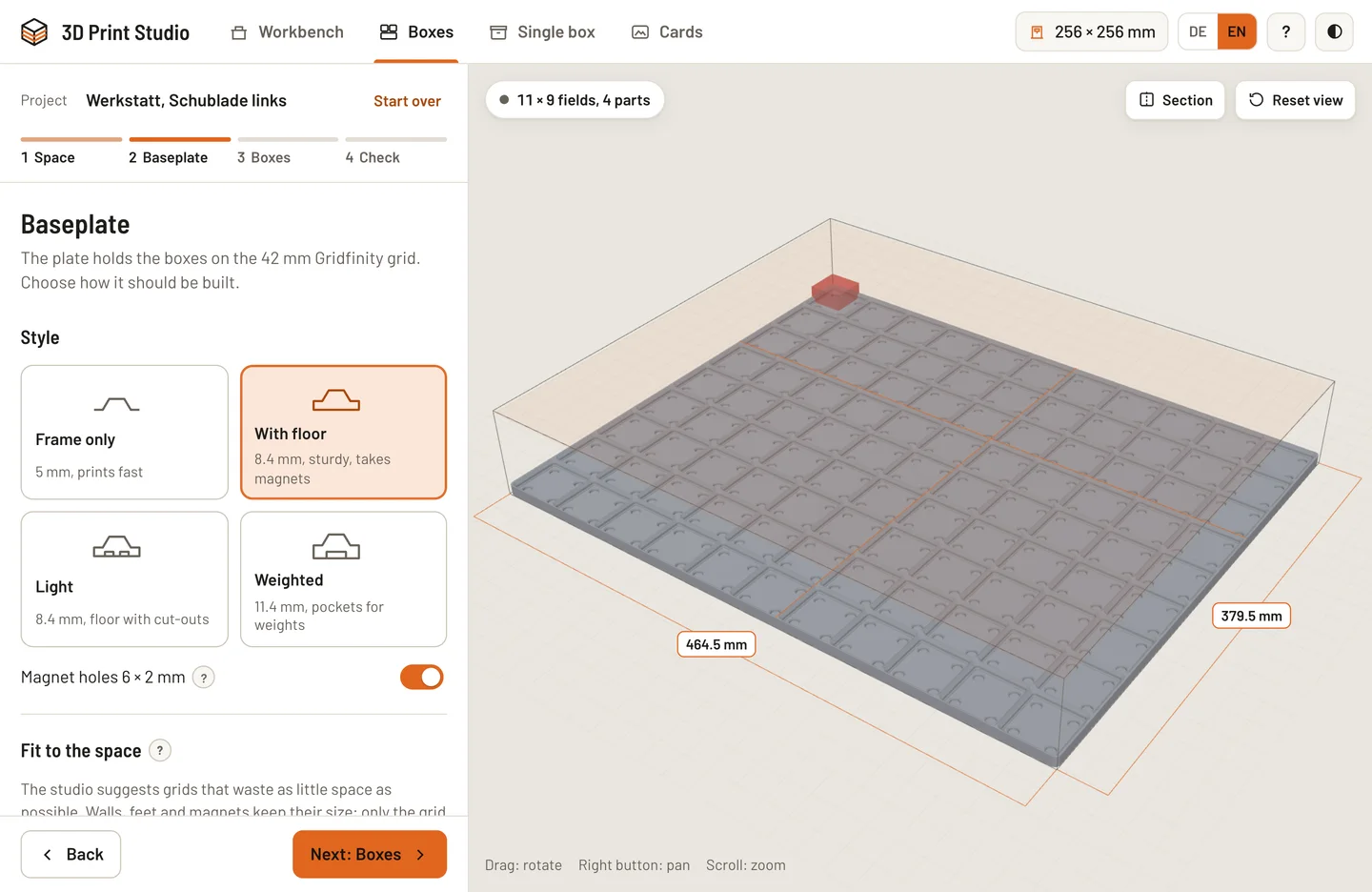 Baseplate step with four styles, grid options and splitting