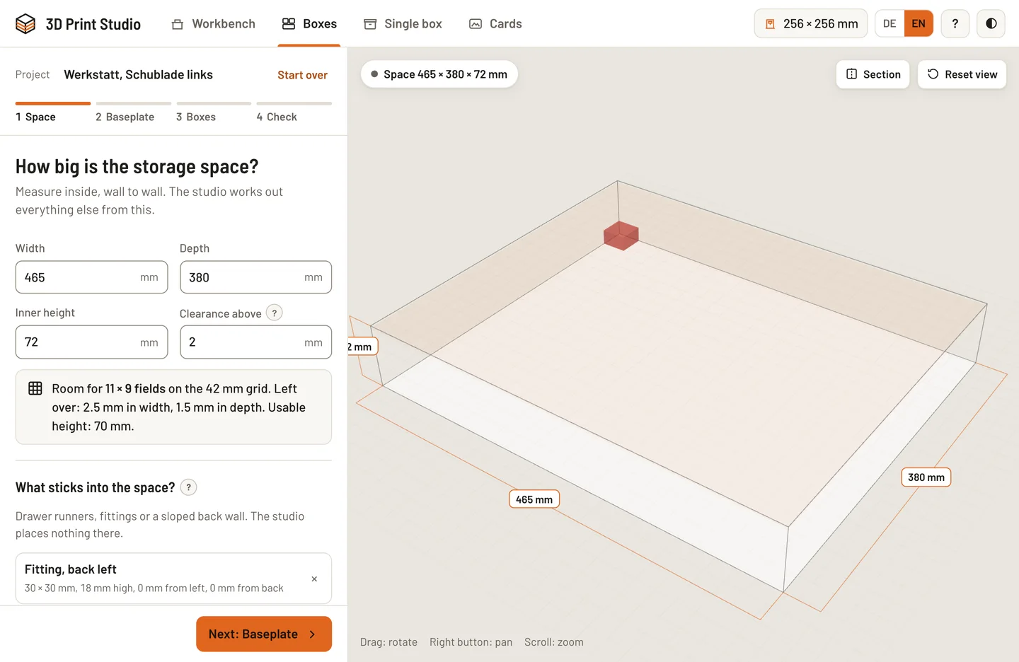 Space step with size fields, an obstacle and a top view